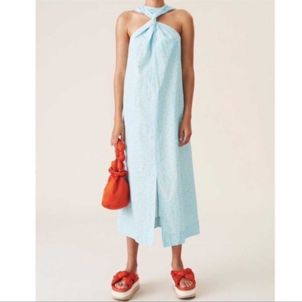 Ganni Floral Ditsy Twisted Midi Dress in Coridalis Blue Size 34